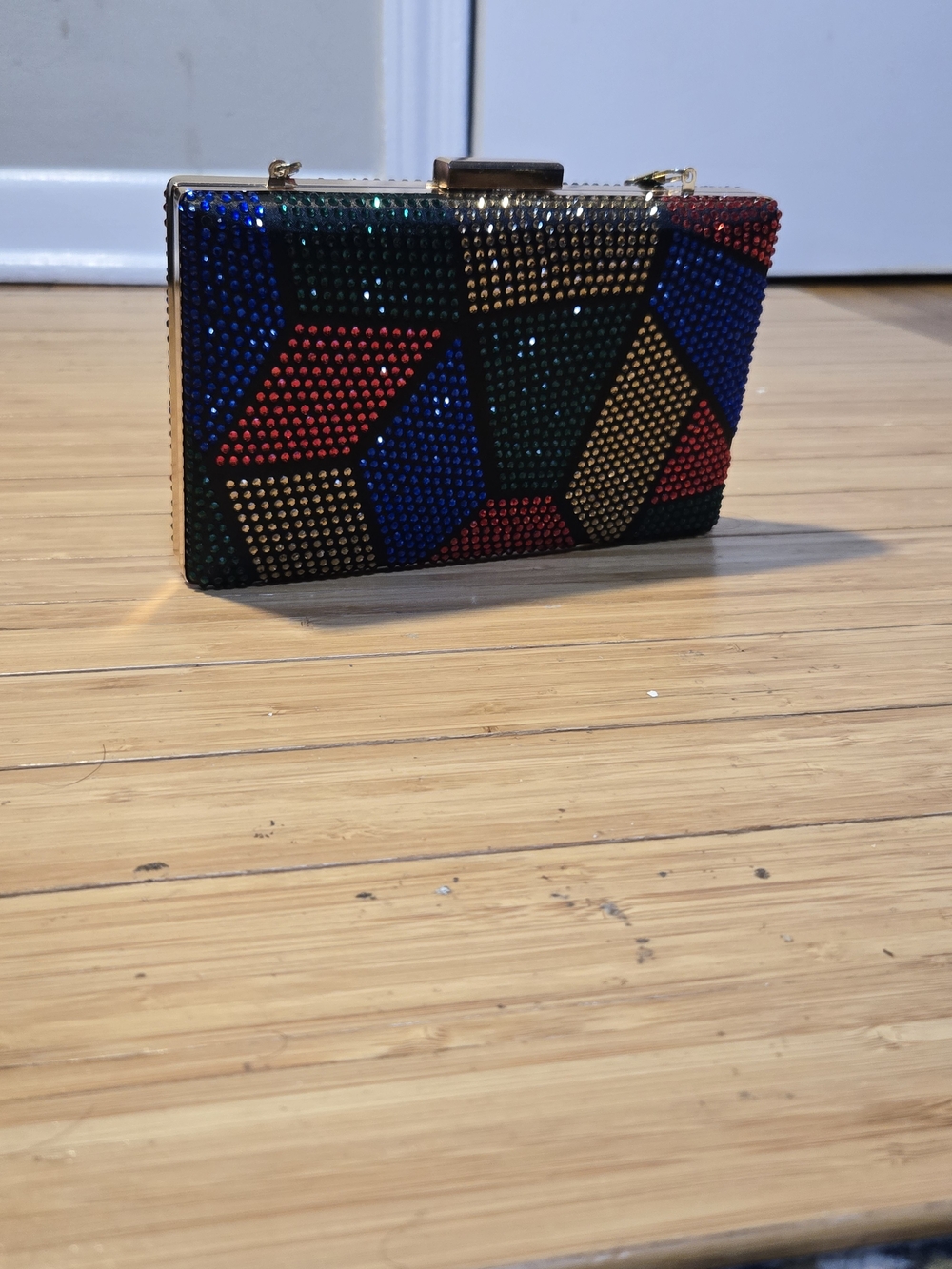Multicolor Rhinestone Geometric Clutch with Gold Chain - Picture 7 of 8